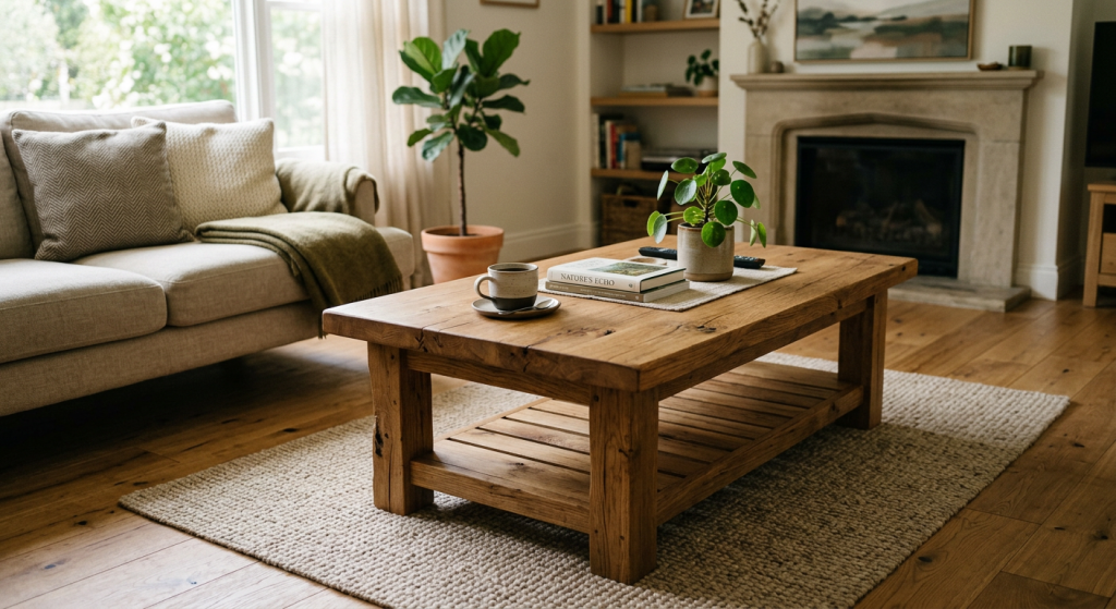 Modern wooden coffee table in a cozy living room featuring natural wood grain, stylish décor, and a timeless design for everyday use.