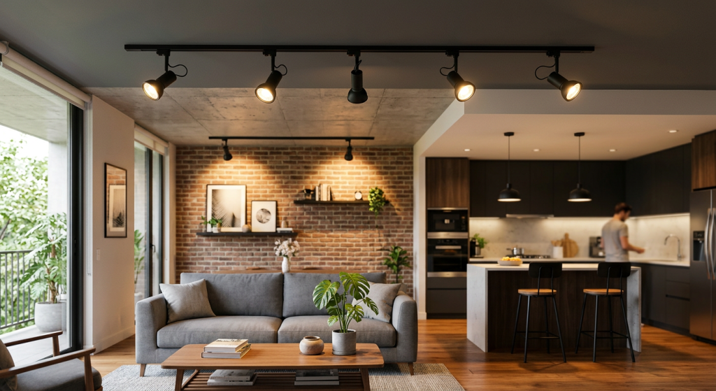 20 Best Types of Lighting Fixtures to Transform Every Home 8 Adjustable track lighting, one of the most flexible Types of Lighting Fixtures, installed in a modern living room.