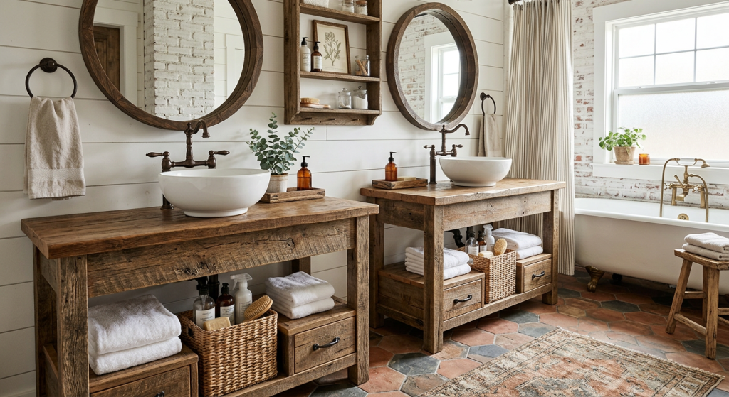 15 Best Bathroom Vanities to Transform Your Modern Bathroom 10 Farmhouse Bathroom Vanities with reclaimed wood cabinet, white countertop, black hardware, and rustic bathroom design.