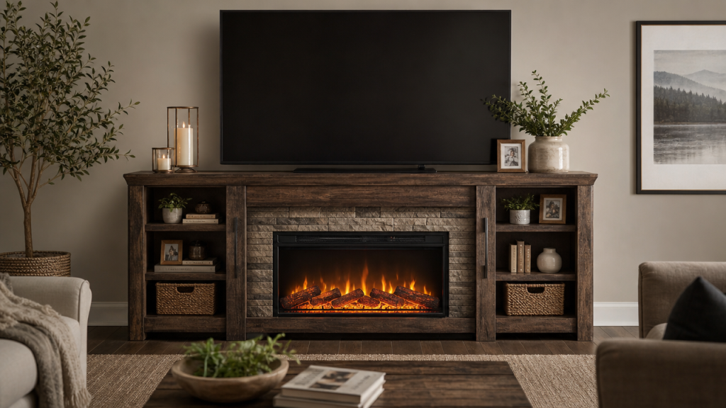 TV Stand: The Ideal Combination of Design and Utility 11 Fireplace TV stand with built-in electric heater