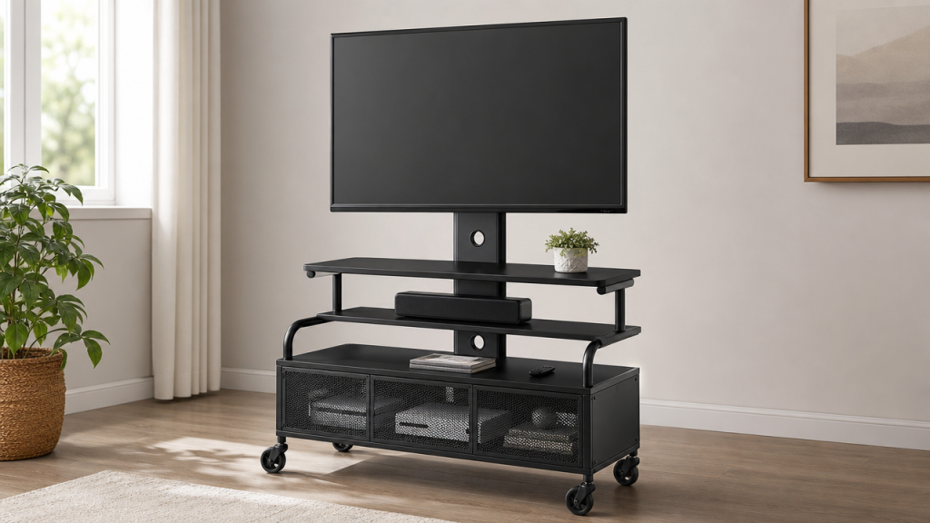 TV Stand: The Ideal Combination of Design and Utility 12 Modern rolling TV stand with lockable wheels and adjustable height for home office and living room use