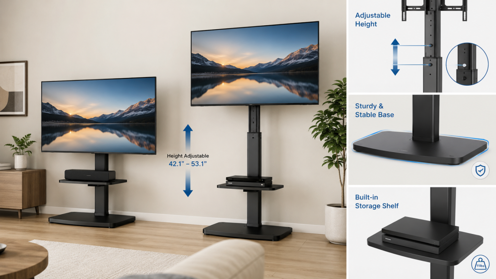 TV Stand: The Ideal Combination of Design and Utility 14 Adjustable height TV stand with swivel mount and cable management for modern entertainment setup