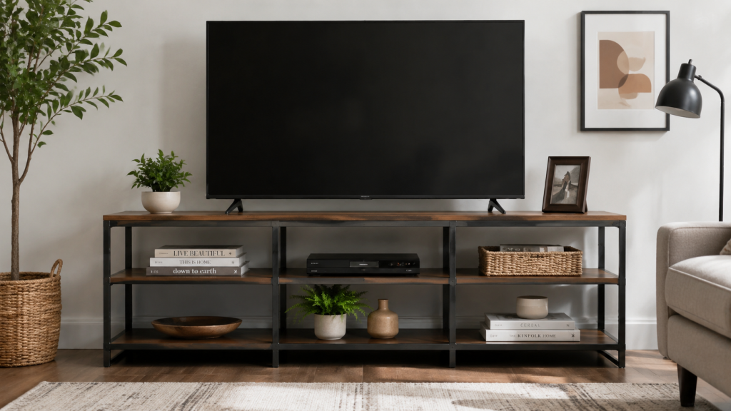 TV Stand: The Ideal Combination of Design and Utility 15 Open shelf TV stand with wooden shelves for gaming consoles, media devices, and modern living room décor