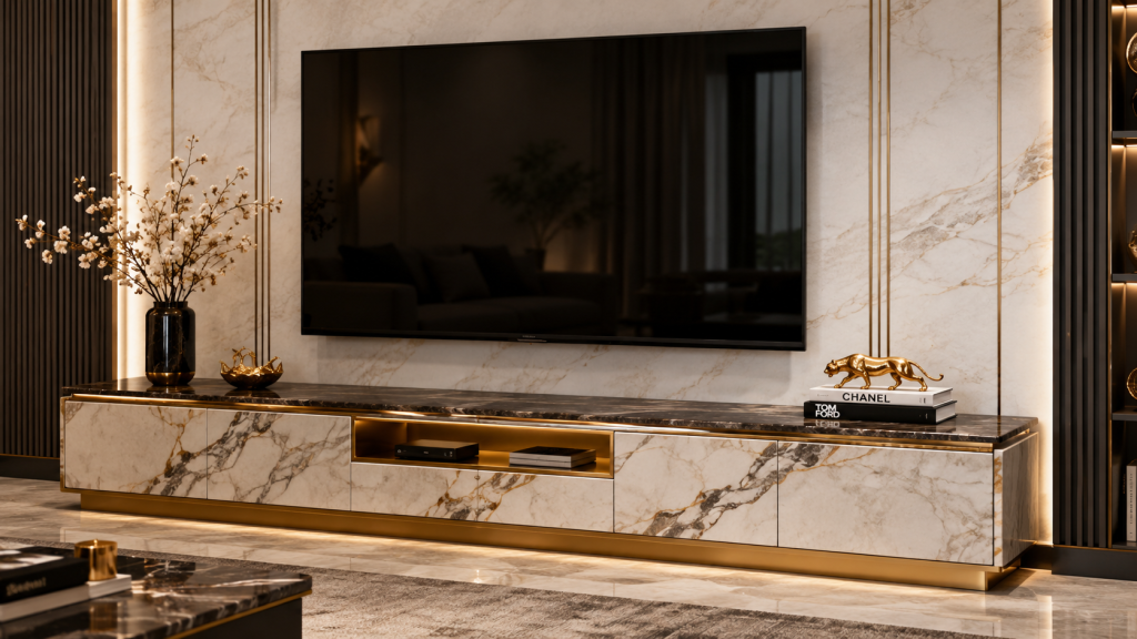TV Stand: The Ideal Combination of Design and Utility 16 Luxury marble TV stand with elegant white marble top, gold accents, and storage drawers for contemporary living room