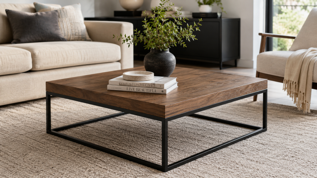 Different Types of Coffee Tables: Complete Guide to Choosing the Perfect Coffee Table 4 Square coffee table with a spacious surface placed in front of a sectional sofa, offering style and functionality in a modern living room.