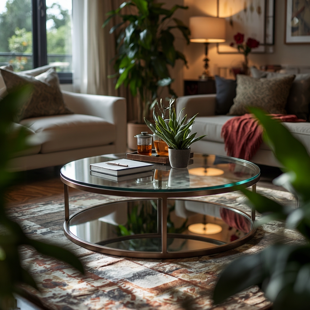 Different Types of Coffee Tables: Complete Guide to Choosing the Perfect Coffee Table 3 Round coffee table with a wooden top and decorative accents positioned in a contemporary living room for a soft and inviting look.