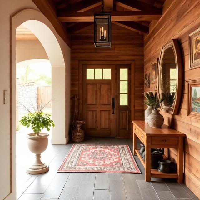Rustic entryway designs with reclaimed wood bench, lantern lighting, woven baskets, stone accents, and farmhouse décor.