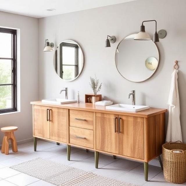 15 Best Bathroom Vanities to Transform Your Modern Bathroom 11 Scandinavian Bathroom Vanities with light oak cabinet, white countertop, round mirror, and minimalist Nordic bathroom.