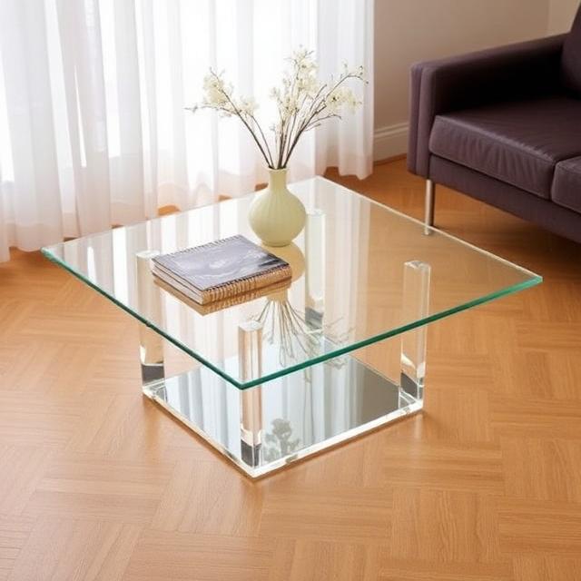 Different Types of Coffee Tables: Complete Guide to Choosing the Perfect Coffee Table 12 Clear acrylic coffee table with a modern transparent design, making a small living room appear bright, open, and spacious.