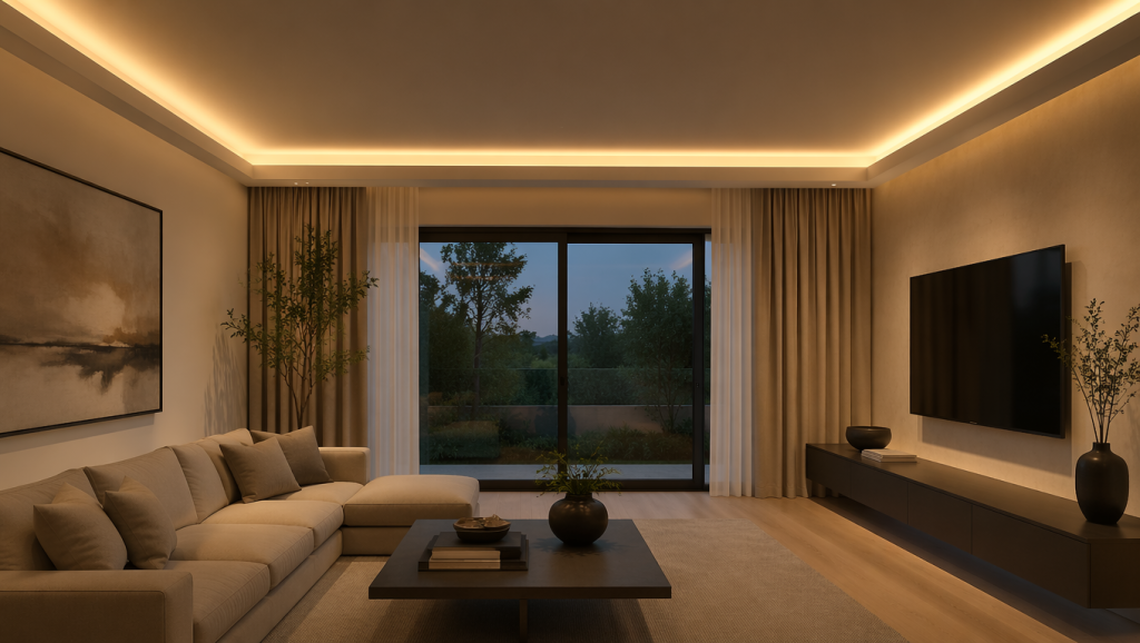20 Best Types of Lighting Fixtures to Transform Every Home 15 Elegant LED cove lighting, one of the most luxurious Types of Lighting Fixtures, creating a warm glow in a modern living room.