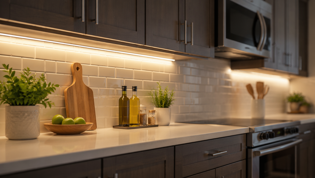 20 Best Types of Lighting Fixtures to Transform Every Home 14 LED under cabinet lights, one of the most useful Types of Lighting Fixtures, illuminating a modern kitchen countertop.