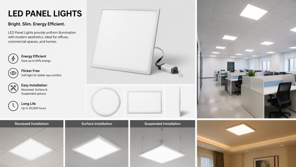 20 Best Types of Lighting Fixtures to Transform Every Home 17 Modern LED panel lights, one of the most efficient Types of Lighting Fixtures, installed in a minimalist office.