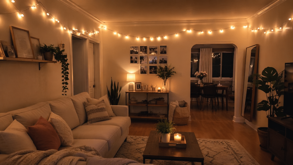 20 Best Types of Lighting Fixtures to Transform Every Home 18 Warm LED string lights, one of the most decorative Types of Lighting Fixtures, illuminating an outdoor patio.