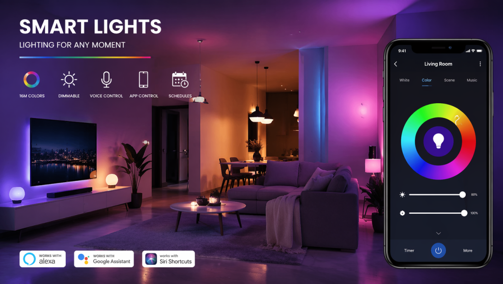 20 Best Types of Lighting Fixtures to Transform Every Home 19 Smart LED lights, one of the most advanced Types of Lighting Fixtures, controlled using a smartphone.
