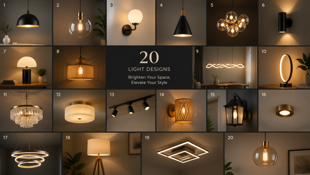 20 Types of Lighting Fixtures including pendant lights, chandeliers, wall sconces, floor lamps, table lamps, recessed lights, track lighting, and LED lighting for modern homes