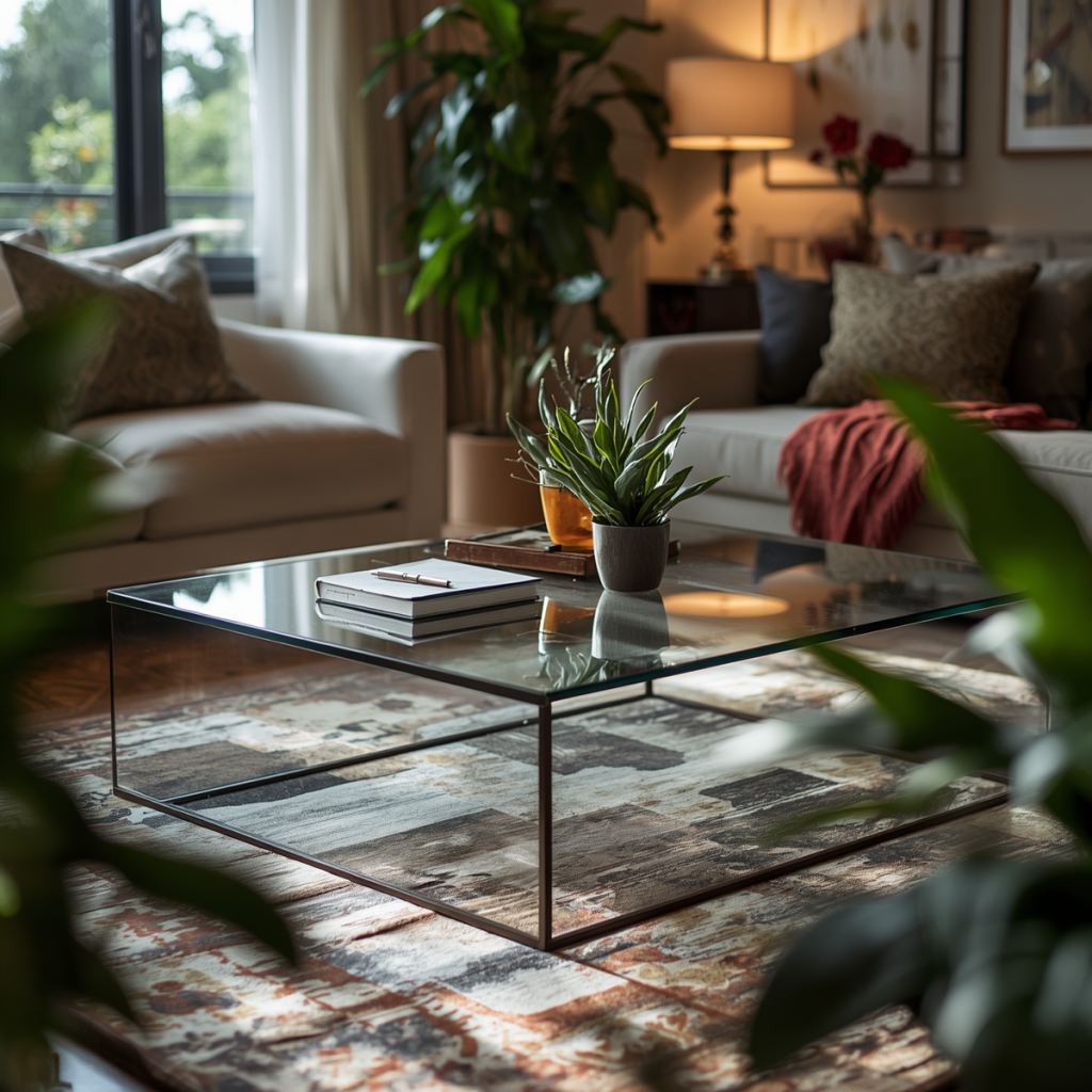 Different Types of Coffee Tables: Complete Guide to Choosing the Perfect Coffee Table 2 Elegant glass coffee table with a sleek metal frame placed in a modern living room, creating a bright and spacious interior.