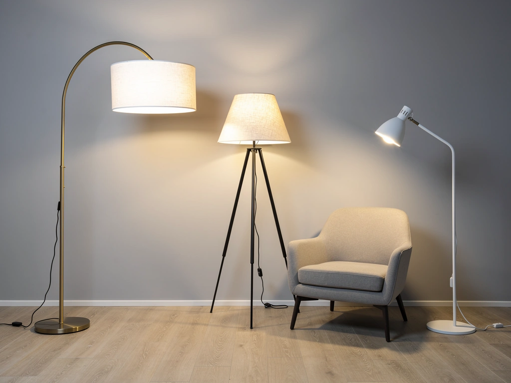 20 Best Types of Lighting Fixtures to Transform Every Home 5 Modern black floor lamp beside a comfortable living room sofa.