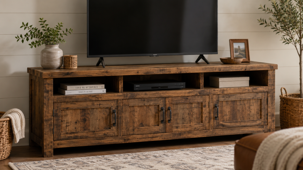 TV Stand: The Ideal Combination of Design and Utility 13 Rustic wooden TV stand with natural wood finish, storage cabinets, and shelves for farmhouse living room