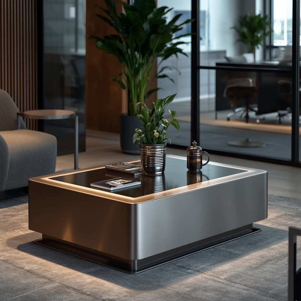 Different Types of Coffee Tables: Complete Guide to Choosing the Perfect Coffee Table 20 Smart coffee table with wireless charging, Bluetooth speakers, LED lighting, and modern features in a luxury living room.