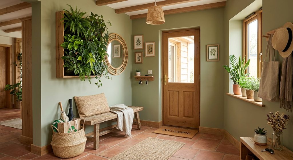 Modern entryway design ideas with reclaimed wood furniture, indoor plants, woven baskets, natural lighting, and eco-friendly décor.