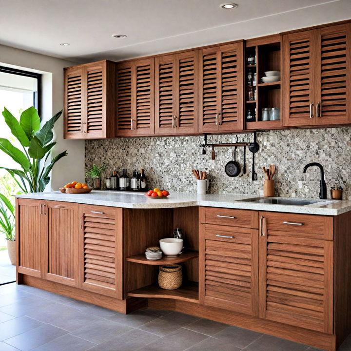 20 Types of Kitchen Cabinets 7 White louvered kitchen cabinets with wooden accents.