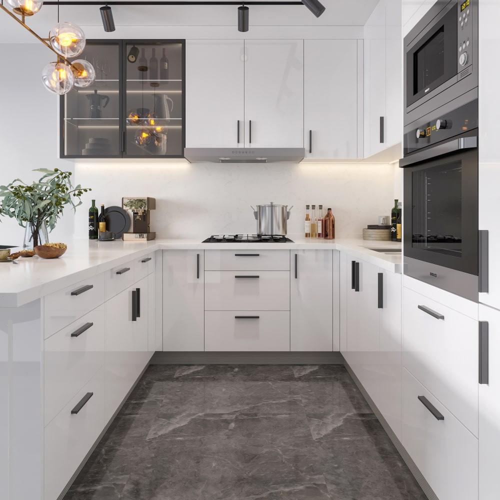 20 Types of Kitchen Cabinets 16 Modern white base kitchen cabinets with quartz countertop and drawers.