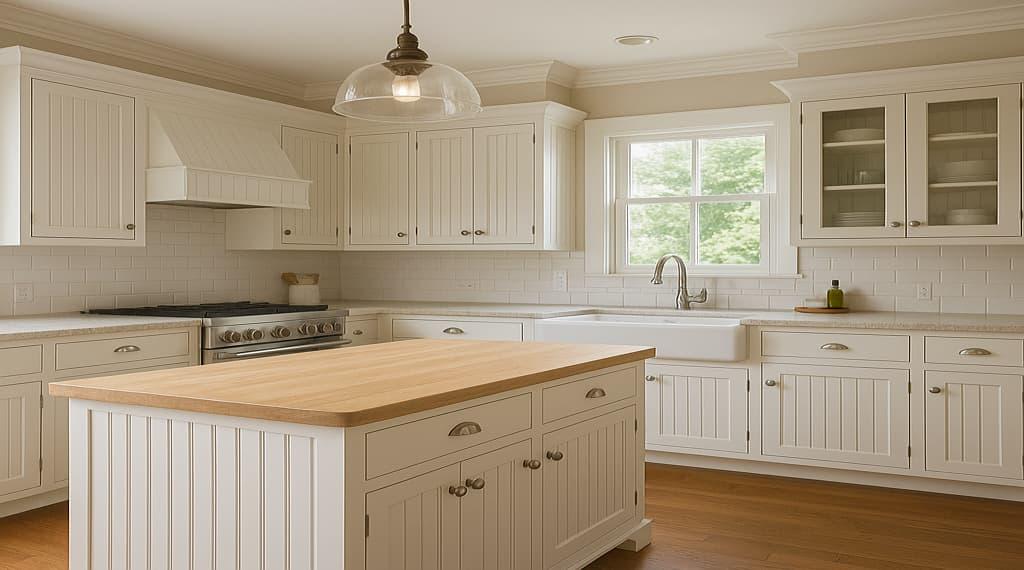 20 Types of Kitchen Cabinets 4 White beadboard kitchen cabinets with wooden countertops and farmhouse décor.