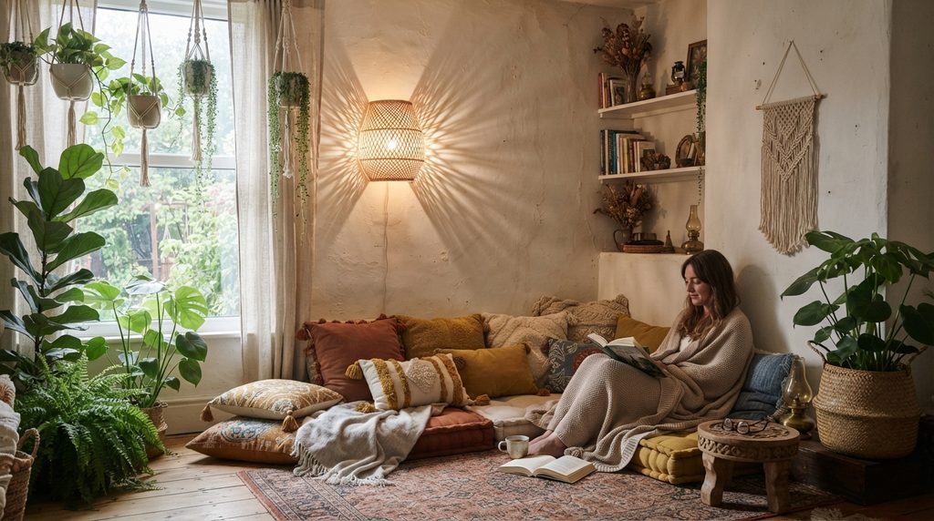 djustable reading lamp illuminating a cozy reading corner