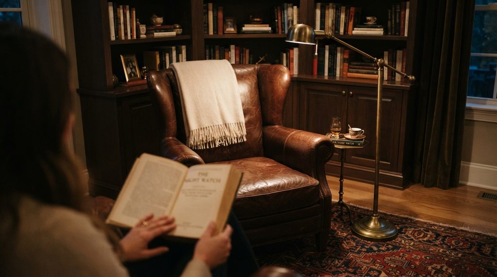 Reading corner with stylish floor lamp beside a comfortable armchair.