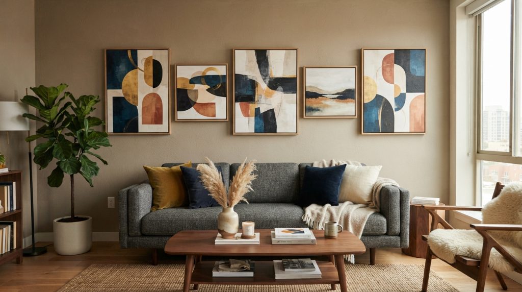 Artistic decorative plate arrangement on a modern interior wall.