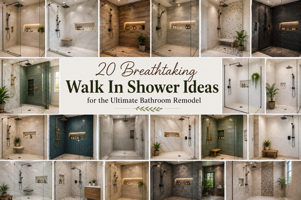 A stunning collection of walk-in shower ideas showcasing elegant glass enclosures, luxurious marble and stone finishes, modern tile patterns, built-in benches, recessed storage niches, rainfall showerheads, and beautifully designed spaces that inspire the ultimate bathroom remodel.