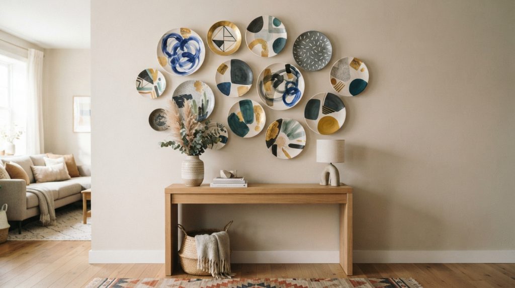 Artistic decorative plate arrangement on a modern interior wall.