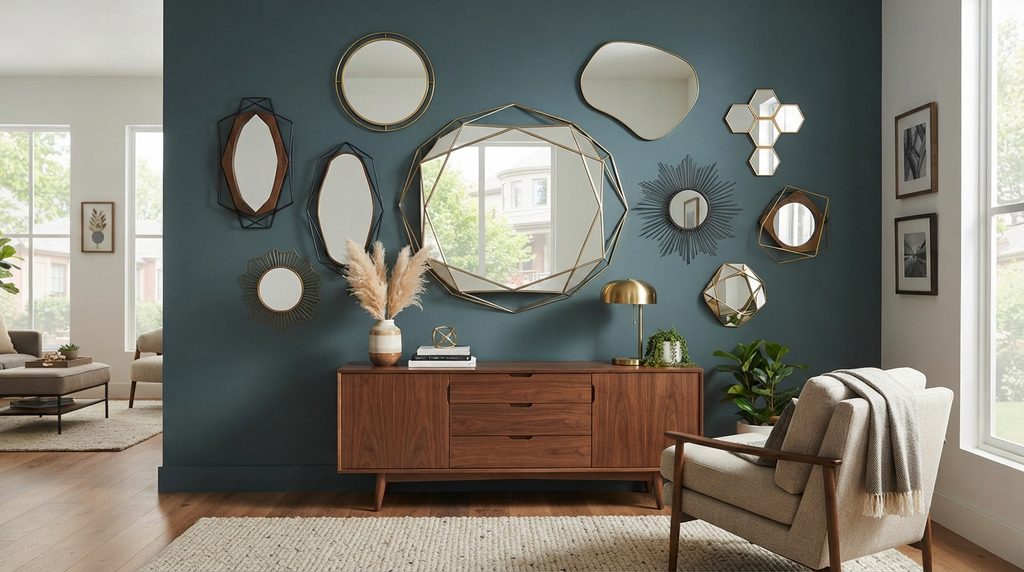Contemporary decorative mirror mounted above a console table.