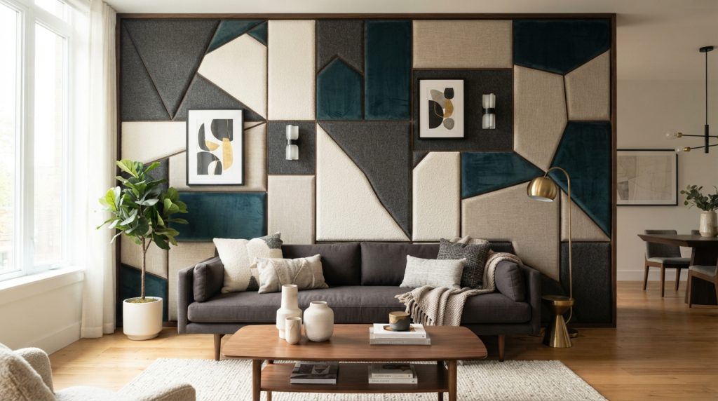 Contemporary fabric wall panels creating an elegant bedroom feature wall.