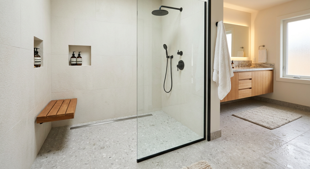 curbless walk in shower ideas with seamless bathroom flooring