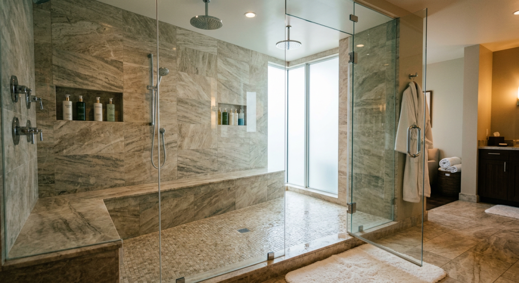 luxury spa walk in shower ideas with rainfall shower and bench