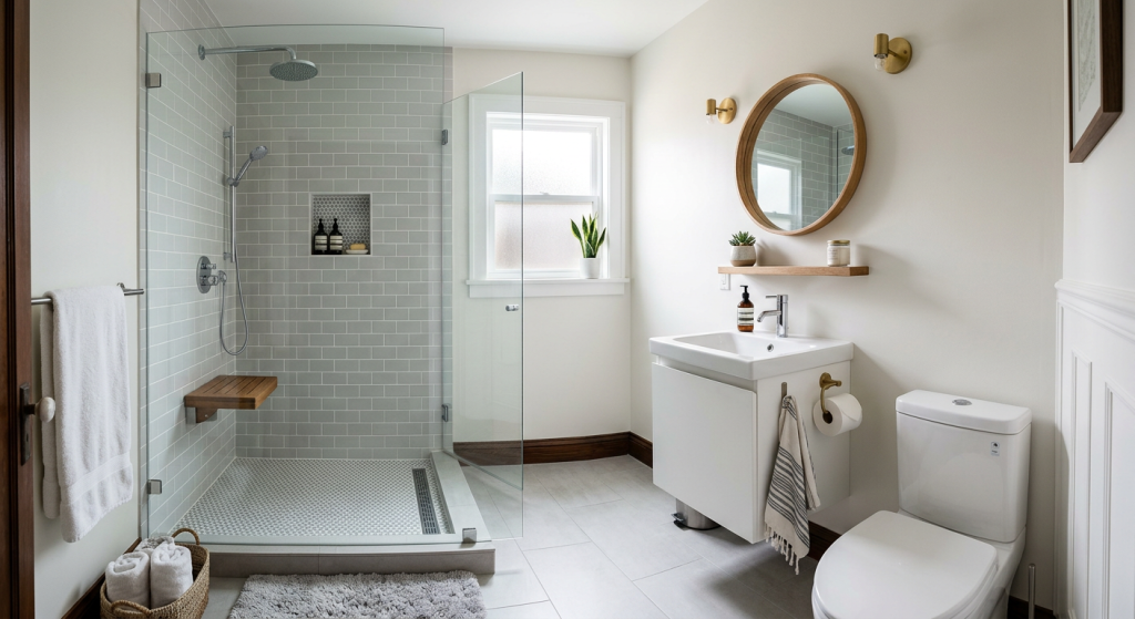 small bathroom walk in shower ideas with clear glass panel