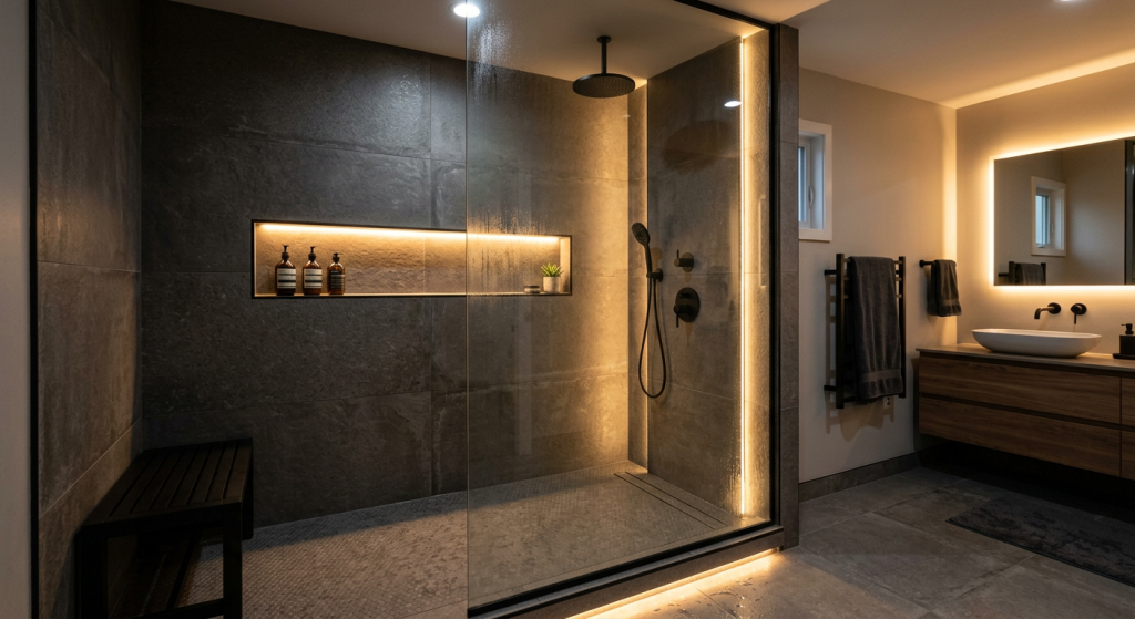walk in shower ideas with modern accent lighting