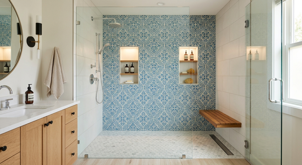 walk in shower ideas with decorative accent tile wall