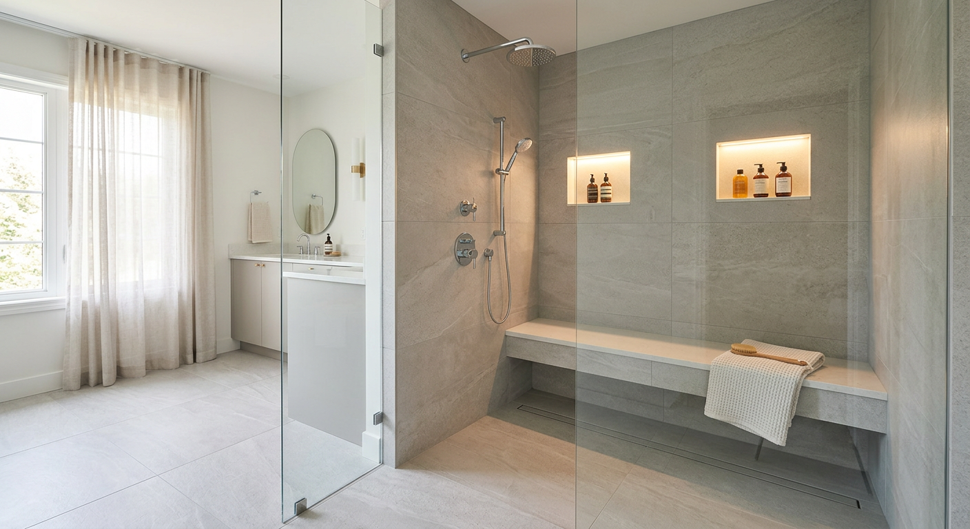 walk in shower ideas with built in bench and glass enclosure