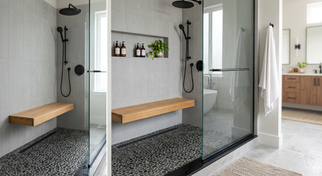walk in shower ideas with floating shower bench