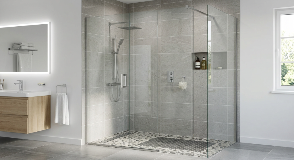 walk in shower ideas with single glass partition