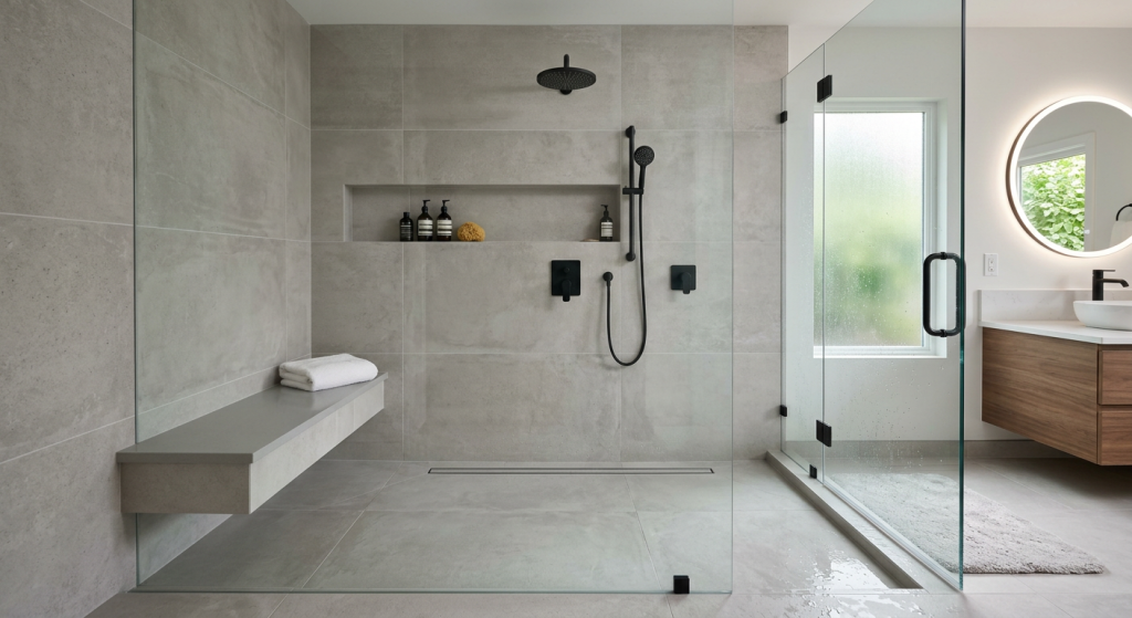 large format tile walk in shower ideas for modern bathroom