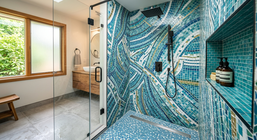 mosaic tile walk in shower ideas with decorative shower walls