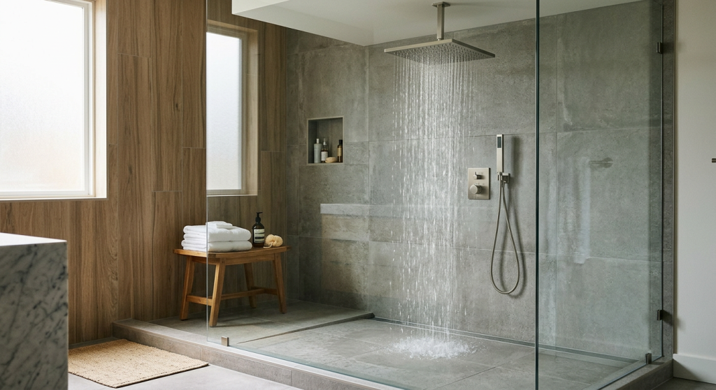 walk in shower ideas with rainfall showerhead and modern tiles