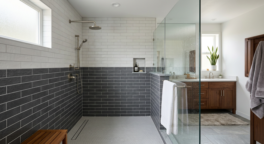 two tone tile walk in shower ideas for a modern bathroom