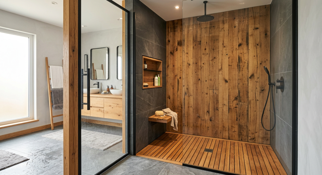 wood look walk in shower ideas with warm bathroom accents