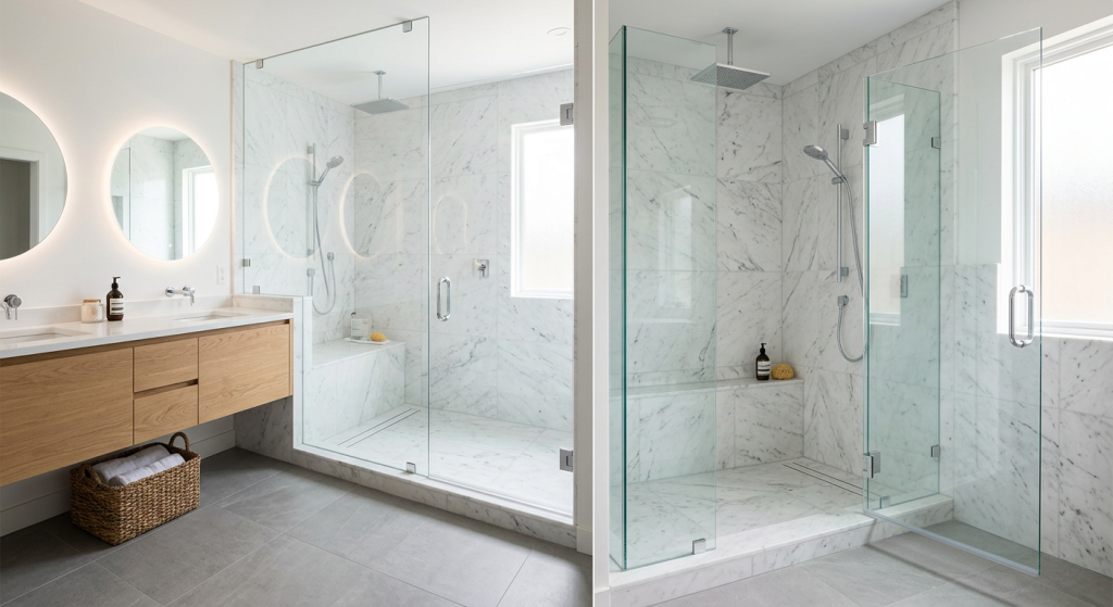 frameless glass walk in shower ideas in a modern bathroom