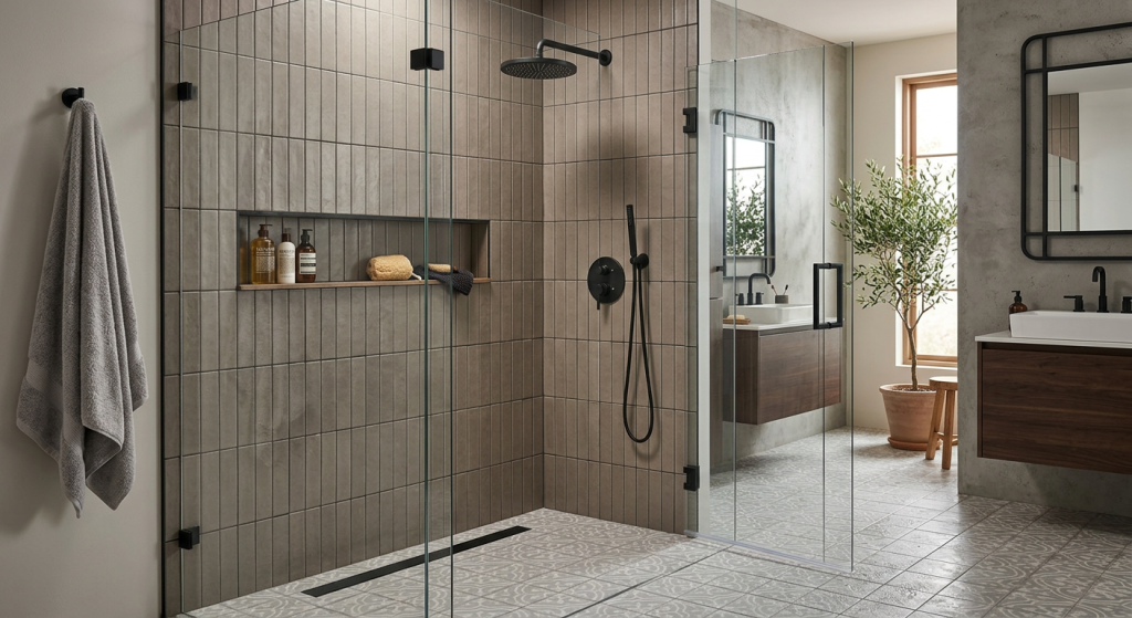 walk in shower ideas with matte black shower fixtures