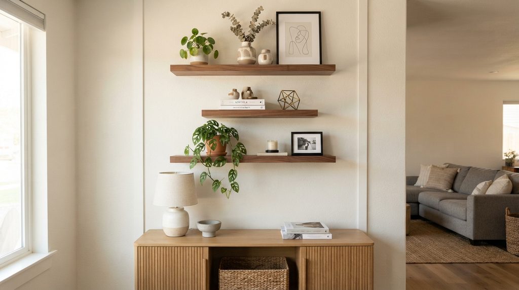 Modern floating shelves displaying books and decorative objects.